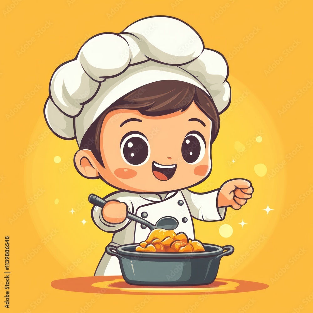 Happy cartoon chef boy stirring food in a pot. Happy cartoon chef boy stirring food in a pot.