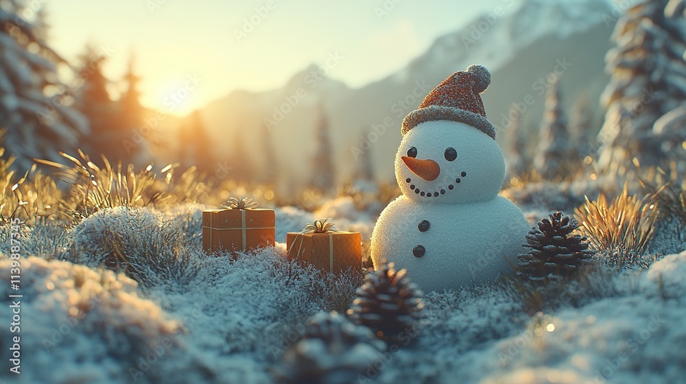 Obraz premium Adorable snowman surrounded by festive gifts, perfect for happy holidays and Christmas celebration