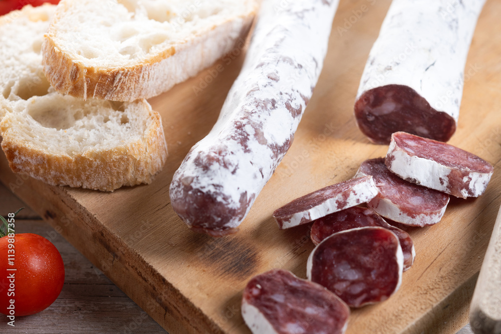 Fuet.Dry cured fuet sausage on wooden table. Close up Fuet.Dry cured fuet sausage on wooden table. Close up