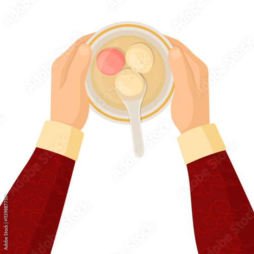 Male hands holding a bowl with Tangyuan