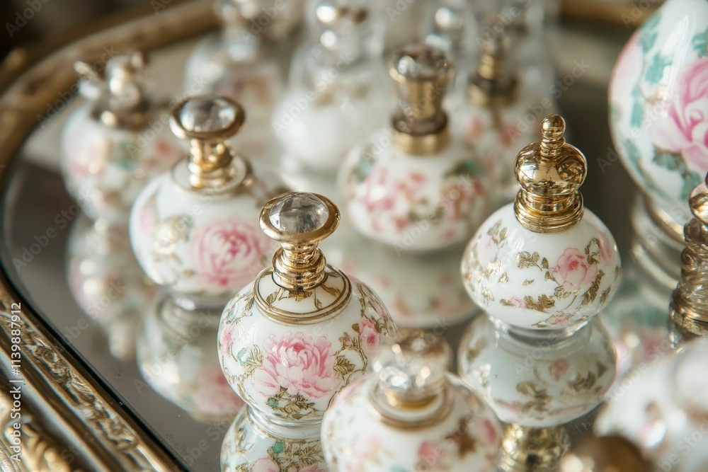 Ornate, floral perfume bottles on mirrored tray. Ornate, floral perfume bottles on mirrored tray.