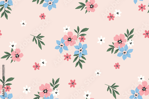 Seamless floral pattern, liberty ditsy print in cute girly style. Pretty botanical design of small hand drawn daisy flowers, tiny leaves, simple bouquets abstract on pink meadow. Vector illustration.