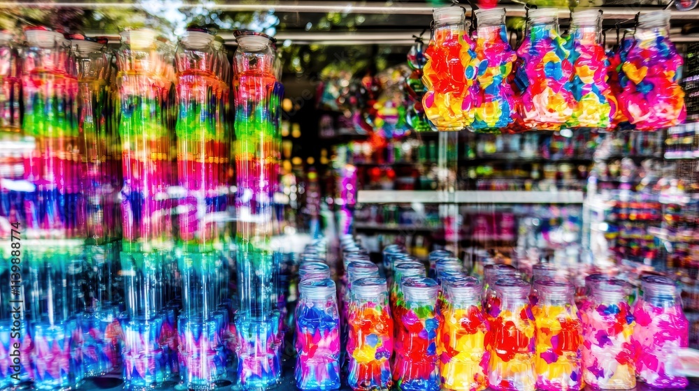 Naklejka premium Colorful Decorative Bottles with Vibrant Candy Display in Storefront