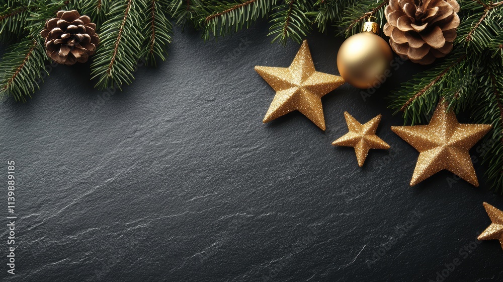 Starry christmas background with pine branches and gold stars flat lay Starry christmas background with pine branches and gold stars flat lay