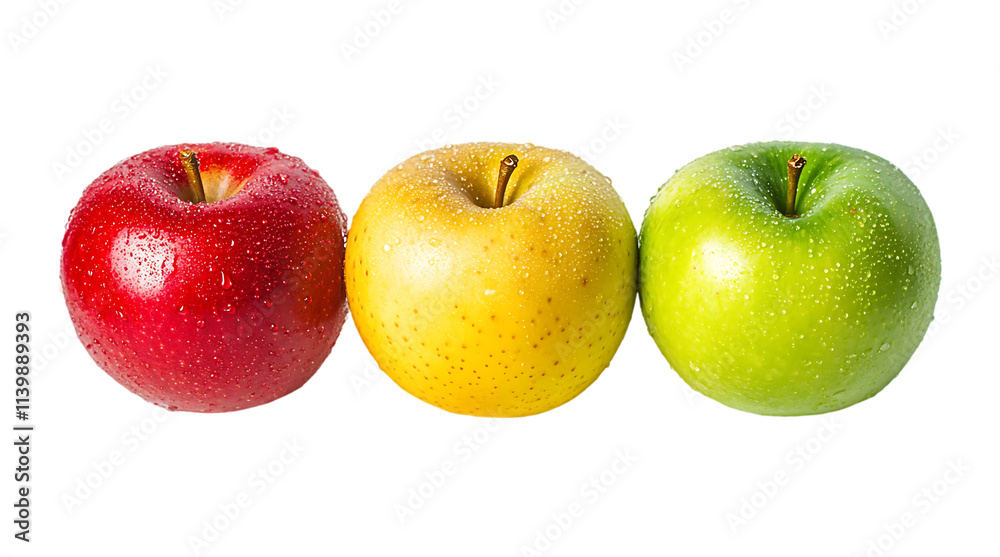 Fresh Three apples, with leaves on a transparent background, cut in half Fresh Three apples, with leaves on a transparent background, cut in half