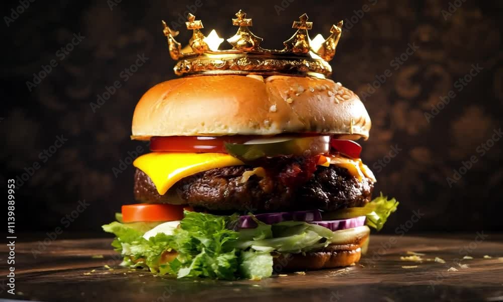 fresh tasty juicy burger on a dark background with a crown on top spinning in a circle. king burger spins around itself