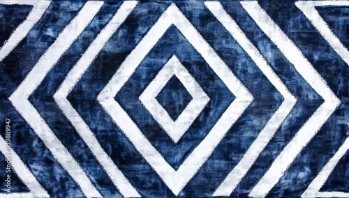 Indigo Blue and White Batik Fabric with Embroidered Diamond Pattern photo