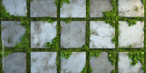 Top-Down View of Old Stone Pavers with Moss and Grass Growing Between