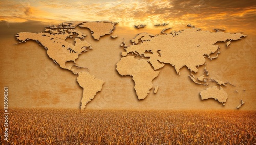 Golden Sunset Casting Long Shadows Over Crops with Ancient World Map Silhouette Symbolizing Global Agricultural Production photo