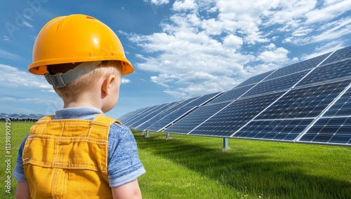 Young Boy in Overalls and Yellow Helmet Standing on Grass Near Solar Panels, Looking with Curiosity photo