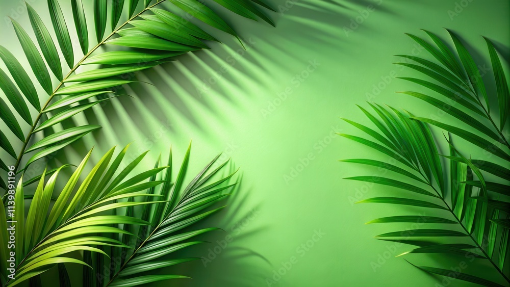 Abstract green background with shadow of palm leaves , nature, rendering, tropical, exotic, summer, environment Abstract green background with shadow of palm leaves , nature, rendering, tropical, exotic, summer, environment