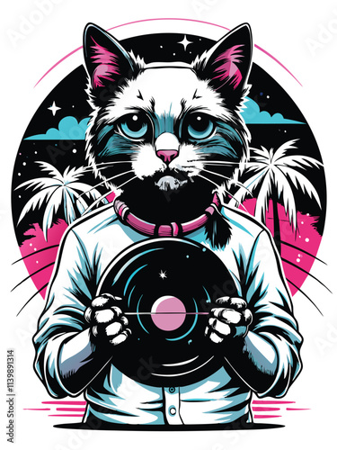 An adorable fluffy cat, standing upright, delicately holds a vintage vinyl record.  The cat's expression is sweet and curious.