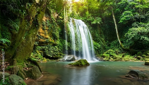 A photostock of a serene waterfall surrounded by lush greenery in a rainforest, island