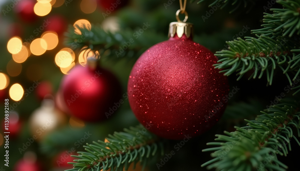 Christmas tree decoration with sparkling red ornament and warm bokeh lights for festive cheer