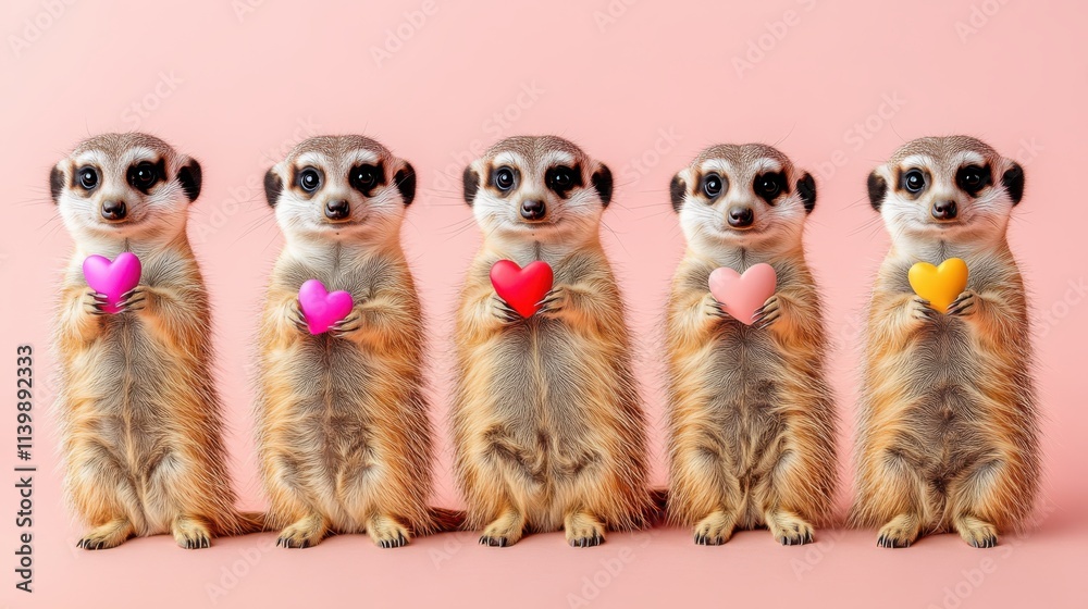 Cute lovely meerkats holding colorful hearts in their paws on the soft pink background, st.valentine's day concept Cute lovely meerkats holding colorful hearts in their paws on the soft pink background, st.valentine's day concept