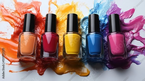 Colorful nail polish bottles on spilled paint. photo