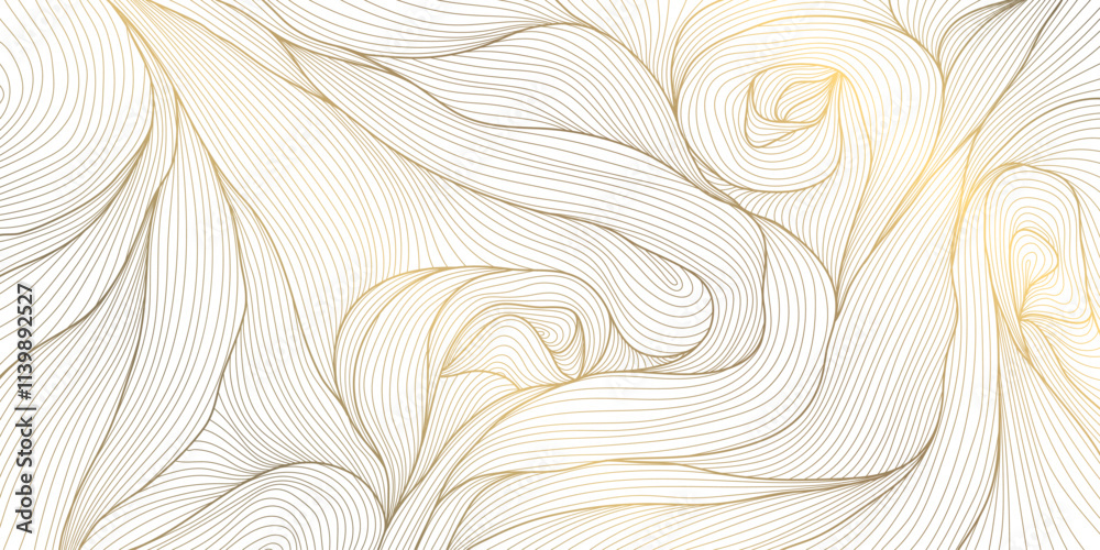 Vector line gold wave pattern, abstract luxury fluid ornament. Premium curve wallpaper, leaves art deco background. Flow banner