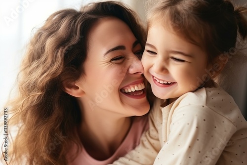 Mother and daughter are sharing a tender moment, laughing and hugging