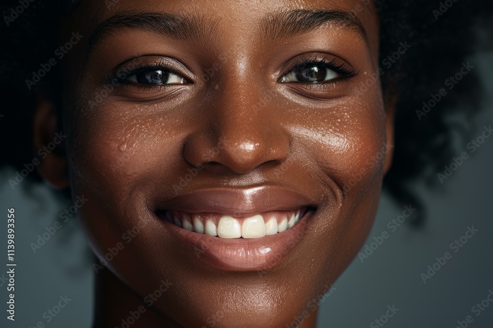 Close up portrait of a young african american woman smiling, showcasing flawless skin and radiant white teeth Close up portrait of a young african american woman smiling, showcasing flawless skin and radiant white teeth