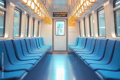 Empty seats on a brightly lit train photo