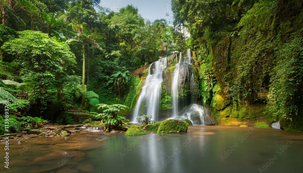 Naklejka premium A photostock of a serene waterfall surrounded by lush greenery in a rainforest, outdoor