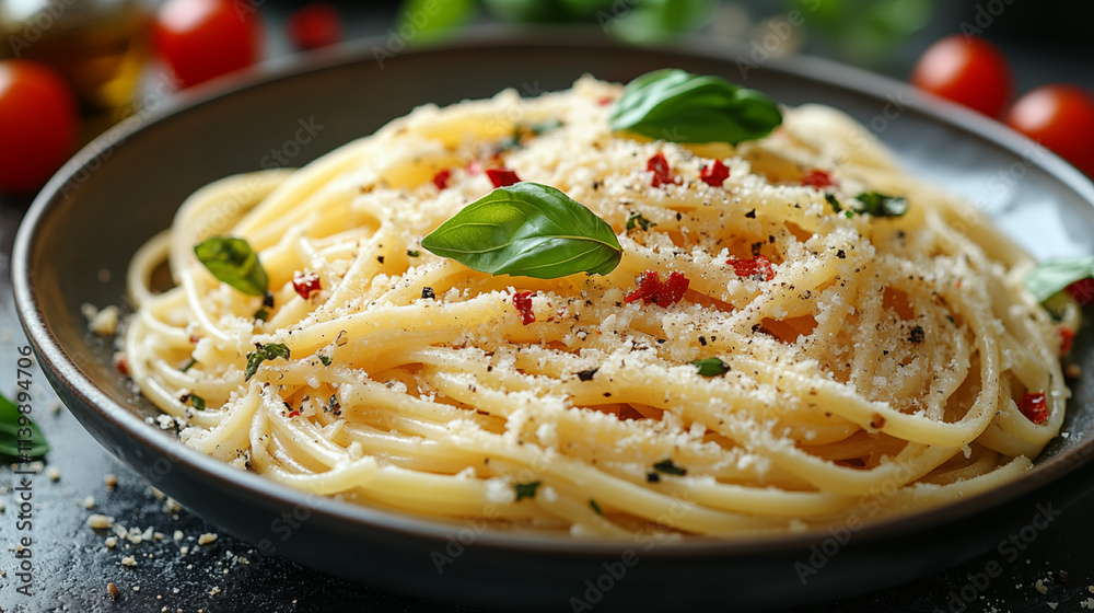 Close-Up of Delicious Spaghetti Dish Garnished Close-Up of Delicious Spaghetti Dish Garnished