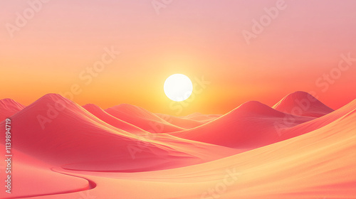 Vibrant sunset over rolling sand dunes in a desert landscape during twilight hours