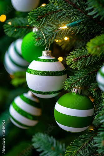 Green and white christmas ornaments hanging from a tree photo