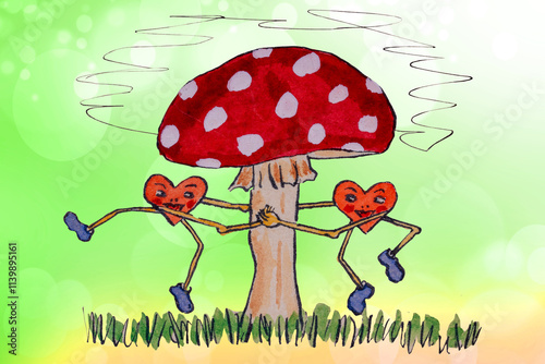 Greeting card couple hearts background. An old hand drawn watercolor of two funny hearts dancing around a mushroom. Valentine, couple in love cartoon, wedding and other.