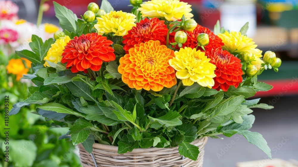 Fototapeta premium Vibrant Bouquet of Colorful Dahlias in a Rustic Woven Basket