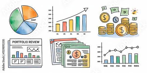 Hand drawn Finance Icons Charts Coins Growth