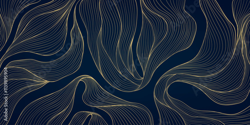 Vector line gold wave pattern, abstract luxury fluid ornament. Premium curve wallpaper, leaves art deco background. Flow banner