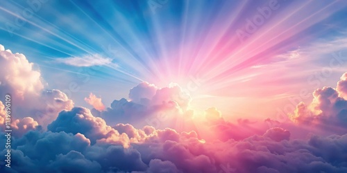 Sunbeams shining through soft pink and blue clouds , Sun, beams, light, sky, clouds, pink, blue, dreamy, ethereal, magical
