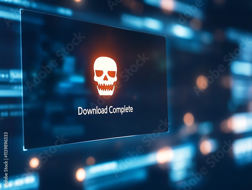 Illegal software download complete notification computer screen digital environment cybersecurity risk
