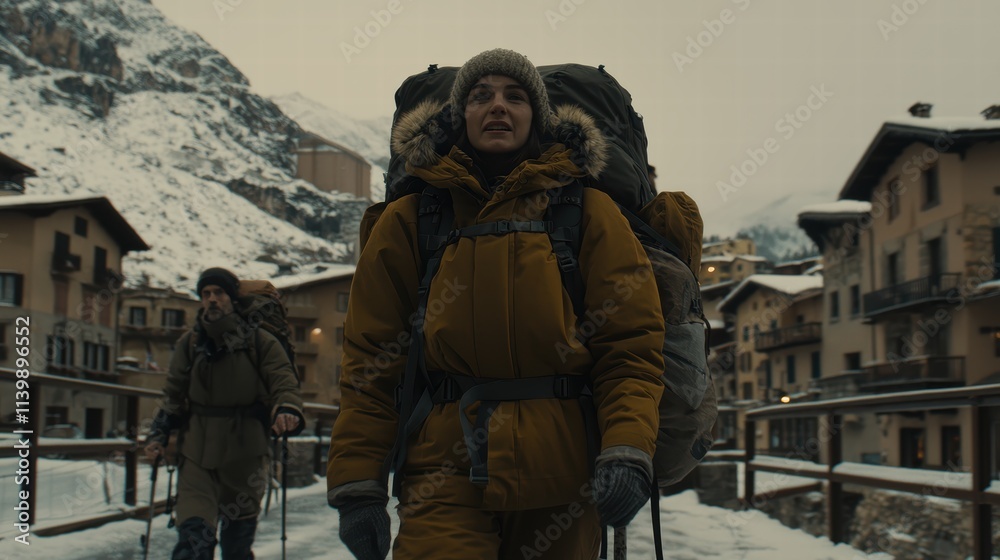 Fototapeta premium Adventurous Hikers Trekking Through Snowy Mountain Village Landscape