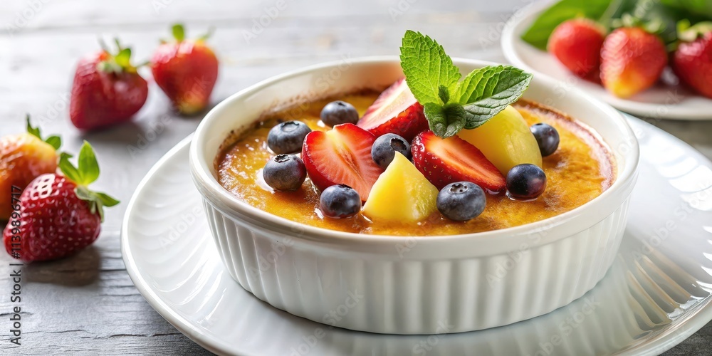 Banana cream brulee topped with assorted fruits on a white plate, banana, cream, brulee, fruits, dessert Banana cream brulee topped with assorted fruits on a white plate, banana, cream, brulee, fruits, dessert