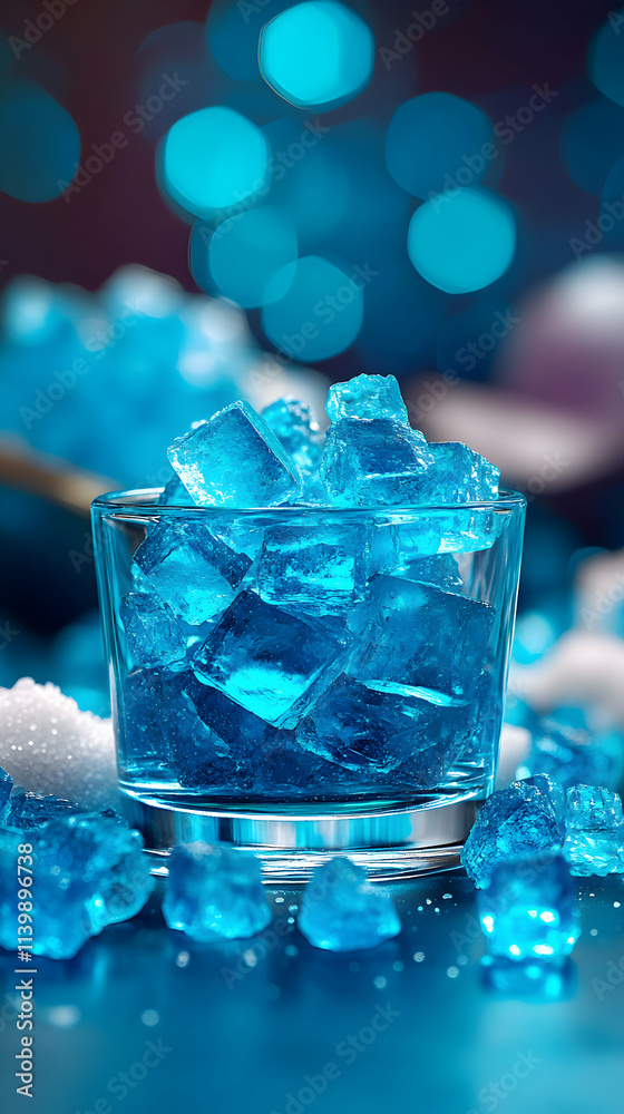Vibrant Blue Crystals in Glass, A Sparkling Delight, Reflecting Light Beautifully on a Dark Background Vibrant Blue Crystals in Glass, A Sparkling Delight, Reflecting Light Beautifully on a Dark Background