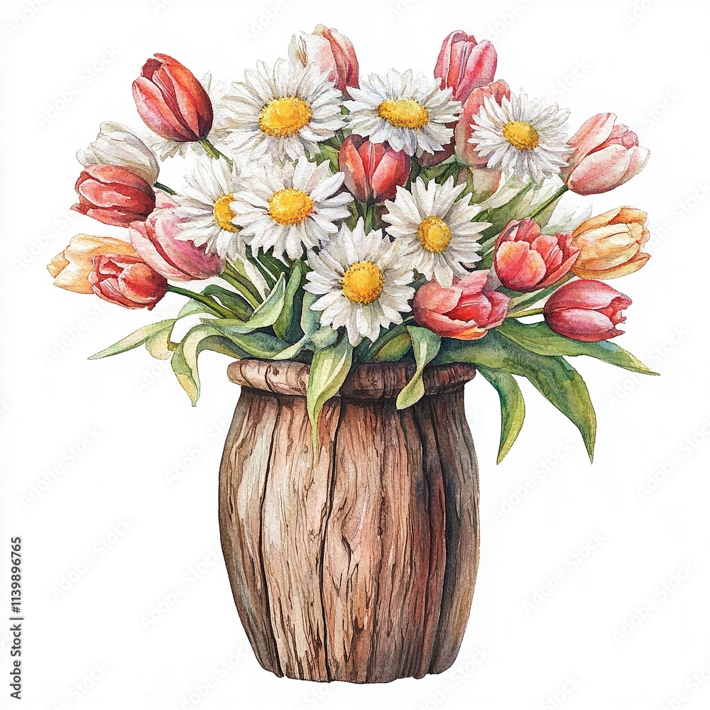 Obraz premium Watercolor illustration of a bouquet of daisies and tulips arranged in a rustic wooden vase