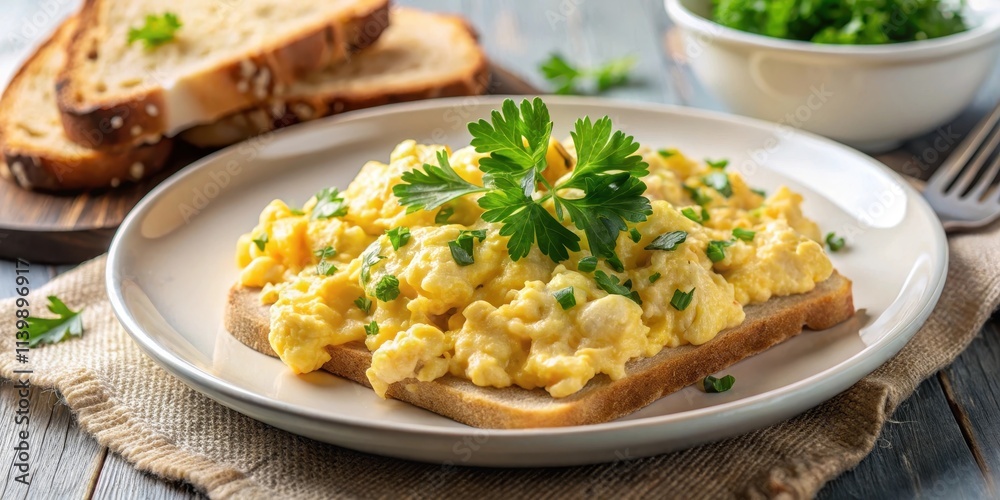 Plate of scrambled eggs with toast and parsley on top, scrambled eggs, breakfast, brunch, food, delicious, homemade, meal, morning Plate of scrambled eggs with toast and parsley on top, scrambled eggs, breakfast, brunch, food, delicious, homemade, meal, morning