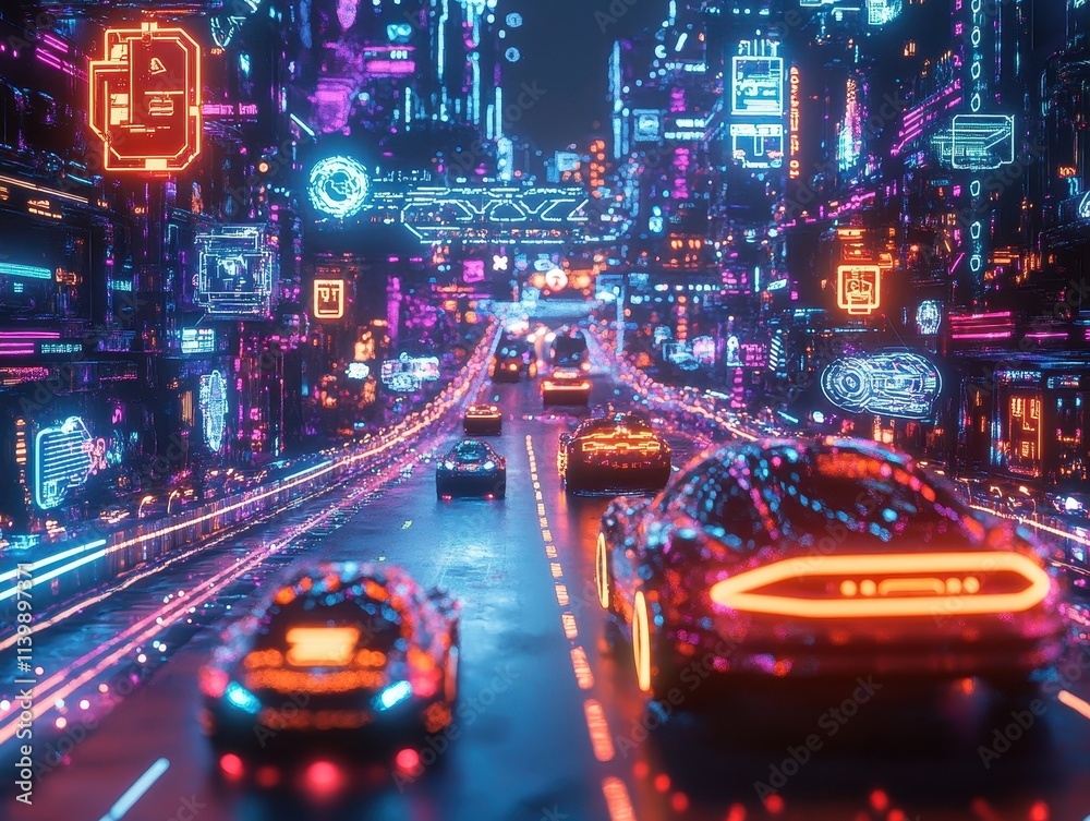 Obraz premium Futuristic cityscape with neon-lit streets and advanced vehicles.