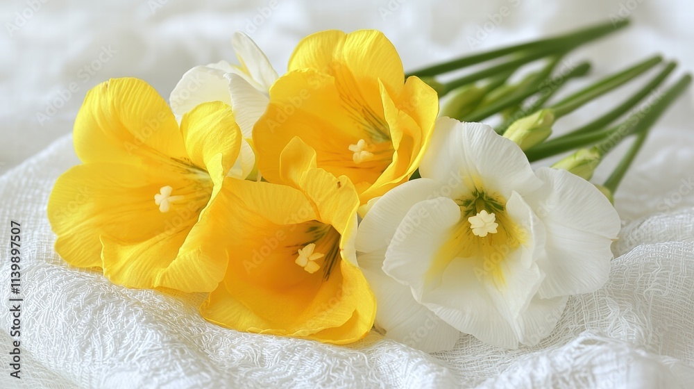 Fresh Yellow and White Flowers on Soft White Fabric Background Fresh Yellow and White Flowers on Soft White Fabric Background