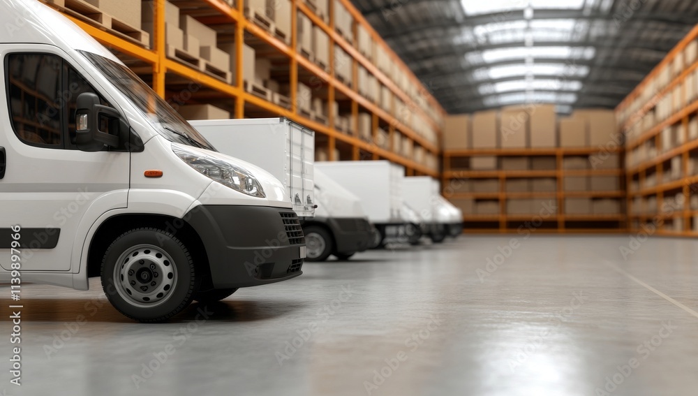 Row of White Delivery Vehicles Parked in Industrial Warehouse, Ready for Action Row of White Delivery Vehicles Parked in Industrial Warehouse, Ready for Action