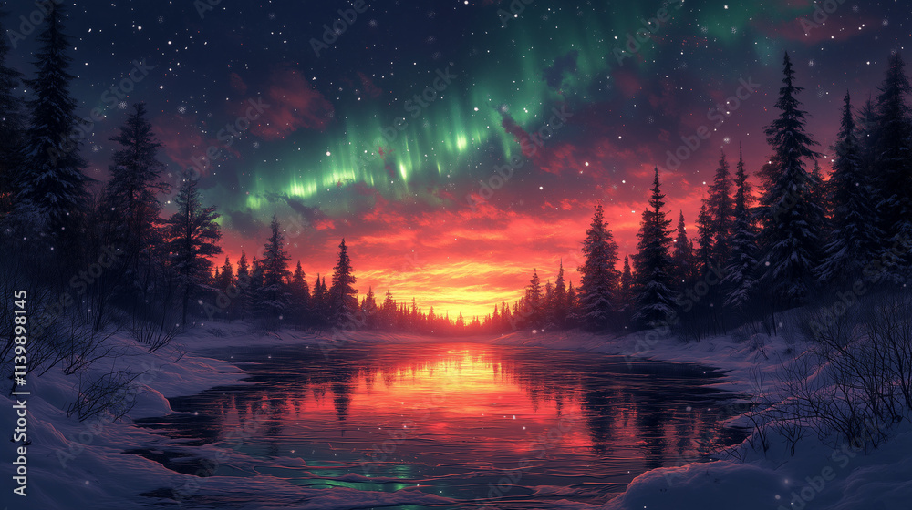 Naklejka premium Stunning winter landscape with a vibrant sunset reflecting on a calm river, surrounded by snow-covered trees under a starry sky with glowing Northern Lights, evoking peaceful holiday charm