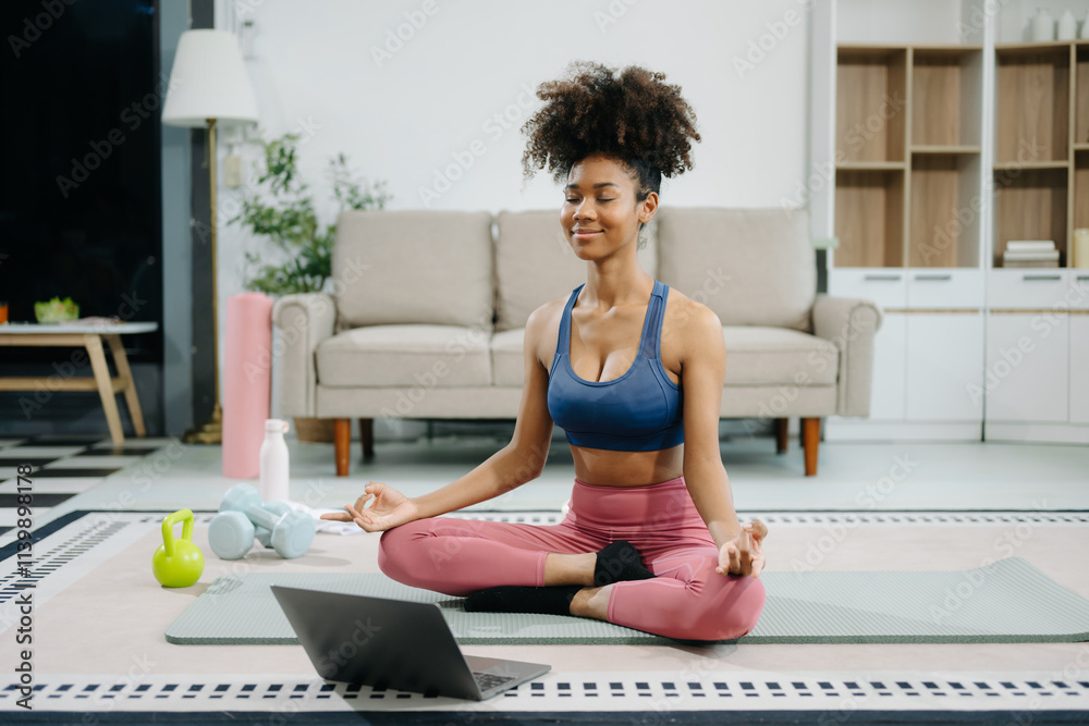 A young woman practices yoga and stretching with a mat and gym props, showcasing wellness, motivation, A young woman practices yoga and stretching with a mat and gym props, showcasing wellness, motivation,