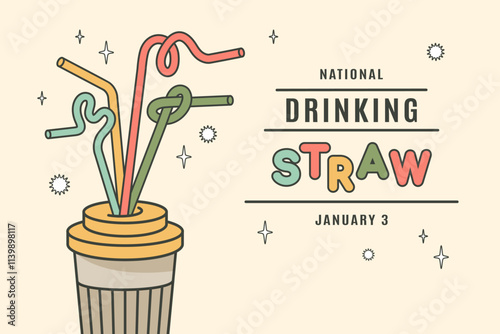 National drinking straw day. Various drinking straws in paper cup. Colour plastic drinking straws. Soft drink cup. Retro horizontal banner. Vintage elements in 60s, 70s, 80s. Vector 