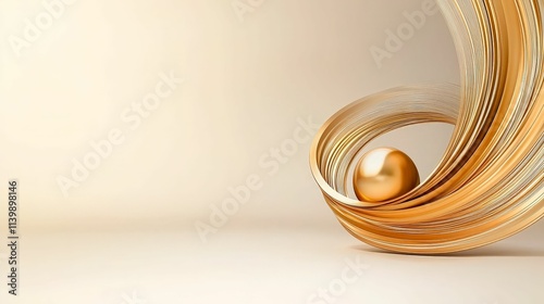 background concept. Golden abstract swirl with a shiny sphere on a soft background.