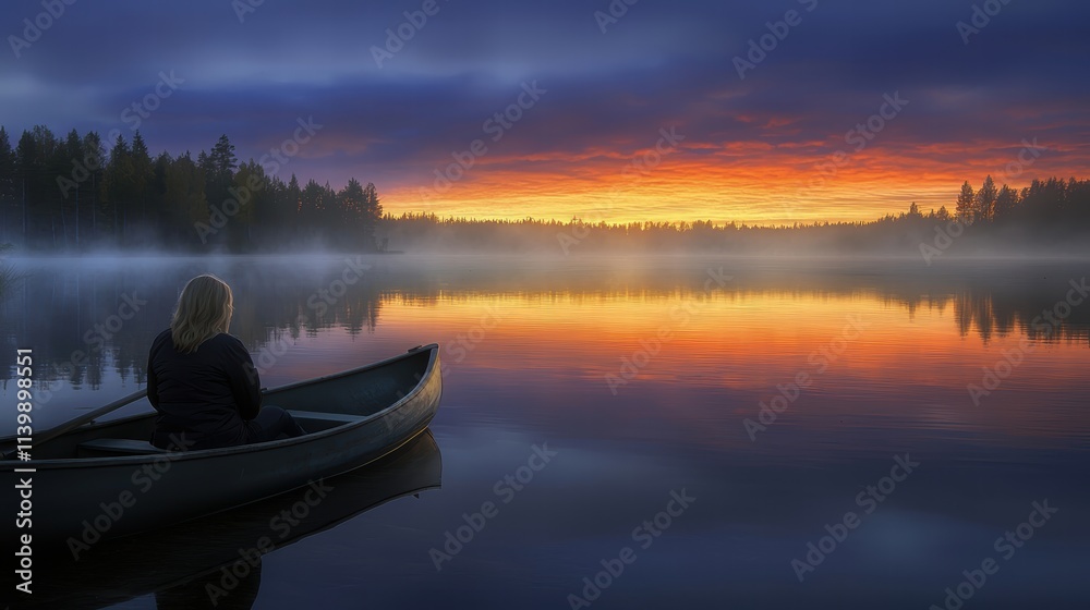 Serene Sunset Over Calm Lake with Canoe and Misty Forest Background