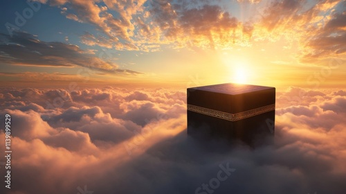 Divine Scene of the Kaaba Among Glowing Clouds with Radiant Golden Sun photo