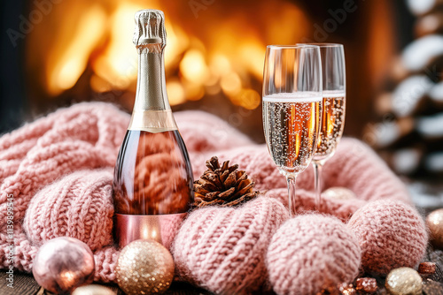 Champagne bottle and glasses amidst pink knitted fabric, ornaments, and warm firelight background. Concept of romance, celebration, Christmas, New Year, cozy evenings