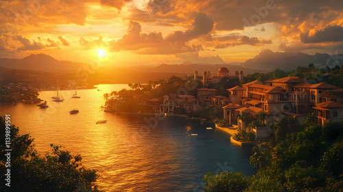 Golden Sunset Coastal Town Illustration